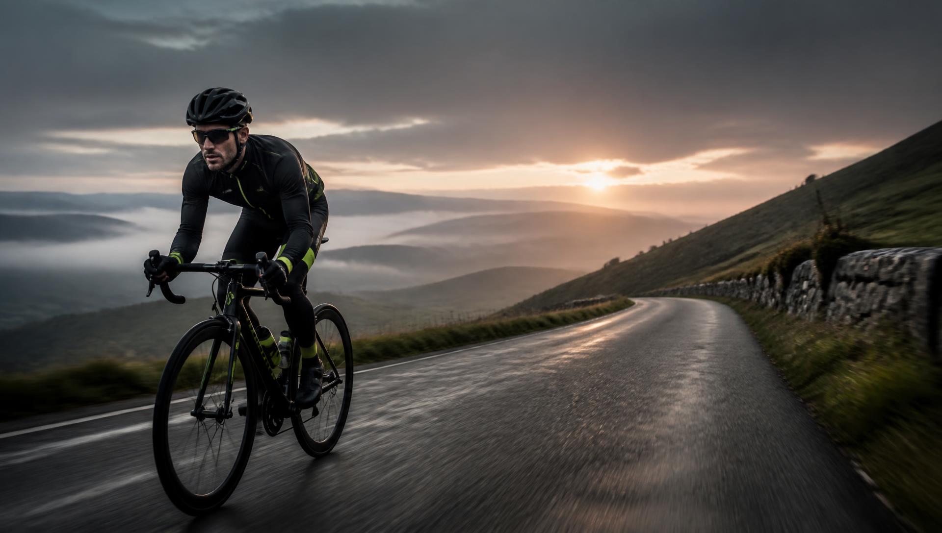 Cycliste sur une route de campagne au lever du jour